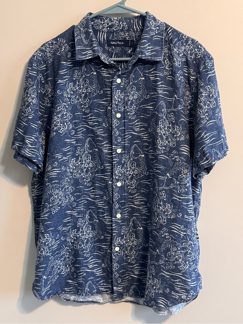 Nautica Men's Large Linen Cotton Koi Fish Print Button Down Shirt Blue